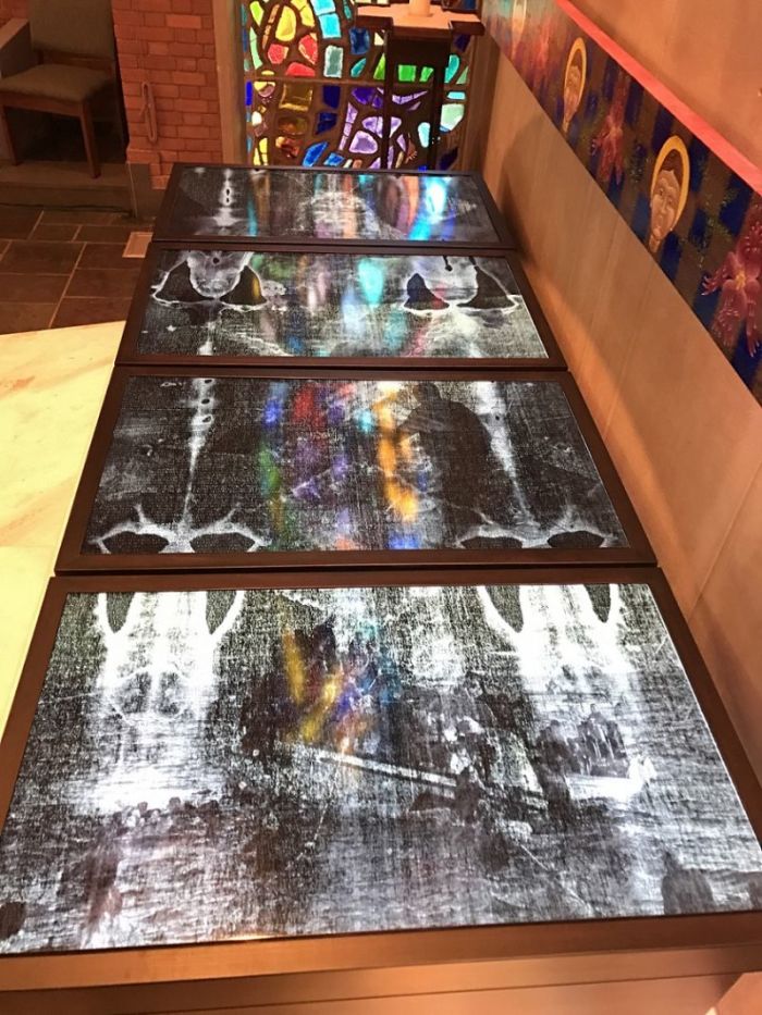 The new media art piece 'Lamentation for the Forsaken' by Michael Takeo Magruder, as displayed at the Oxnam Chapel at Wesley Theological Seminary in Washington, DC from May 1-19, 2017.