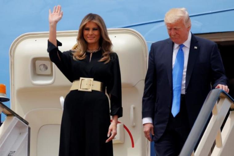 U.S. President Donald Trump and first lady Melania Trump arrive aboard Air Force One at King Khalid International Airport in Riyadh, Saudi Arabia, May 20, 2017.