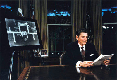 President Ronald Reagan addresses the nation from the Oval Office on national security with a presentation on the Strategic Defense Initiative.
