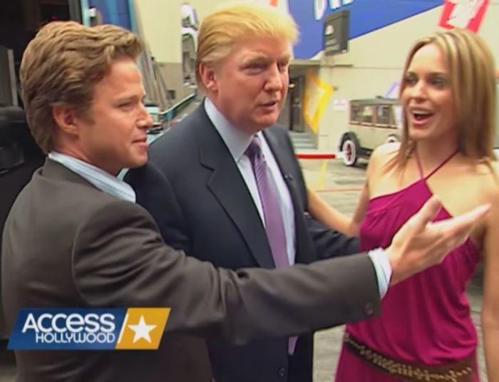 Infamous Access Hollywood Donald Trump (C) and Billy Bush (L) tape from 2005, with actress Arianne Zucker (R).