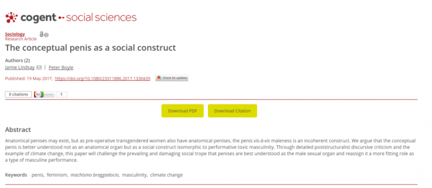 A hoax study on the "conceptual penis" that was published in the May 19, 2017, issue of Cogent Social Sciences.