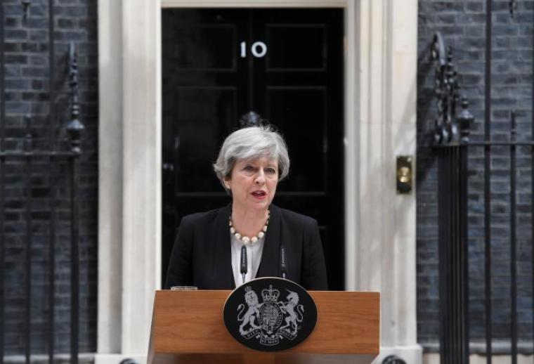 Britain's Prime Minister Theresa May speaks outside 10 Downing Street in London, May 23, 2017.
