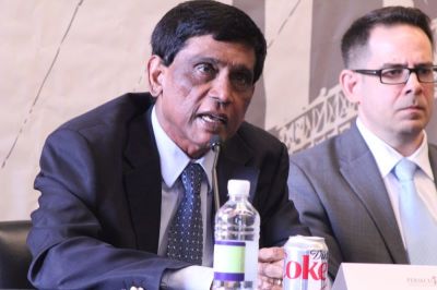 T. Kumar (L), director for international advocacy at Amnesty International, speaks during the International Christian Concern's annual policy day on Capitol Hill in Washington, D.C. on May 24, 2017. Kumar was flanked by Joshua Stanton (R), the founder of One Free Korea.