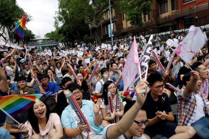 Supporters react during a rally after Taiwan's constitutional court ruled that same-sex couples have the right to legally marry, the first such ruling in Asia, in Taipei, Taiwan on May 24, 2017.