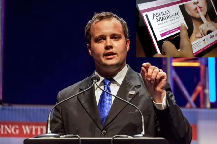 Josh Duggar speaks at the Family Leadership Summit in Ames, Iowa, August 9, 2014. Inset: The homepage of the Ashley Madison website is displayed on an iPad, in this photo illustration taken in Ottawa, Canada, July 21, 2015.