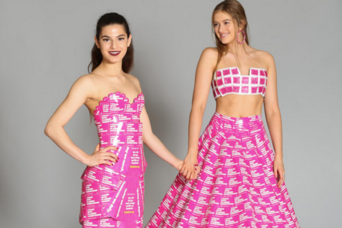 Two teenagers enrolled at a private New York City school create dresses promoting Planned Parenthood for a fashion show, May 2017.