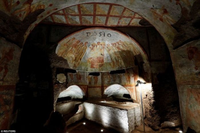 A view of the cubicle 'Dei fornai' inside Rome's oldest underground burial networks, the Domitilla Catacombs, on May 30, 2017.