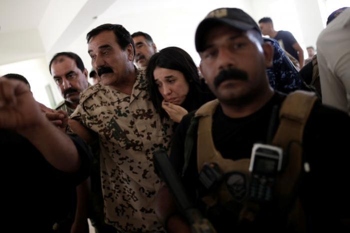 Yazidi survivor and United Nations Goodwill Ambassador for the Dignity of Survivors of Human trafficking Nadia Murad cries as she visits her village for the first time after being captured and sold as a slave by the Islamic State three years ago, in Kojo, Iraq June 1, 2017.