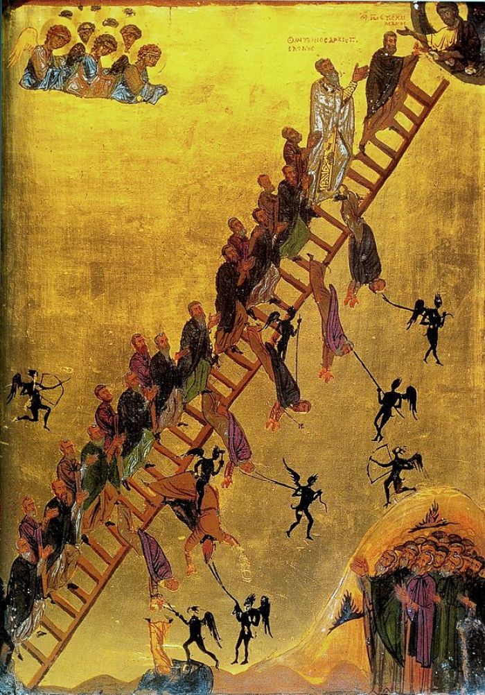 The Ladder of Divine Ascent or The Ladder of Paradise. A 12th-century icon described by John Climacus. Monastery of St Catherine, Mount Sinai. St John Climacus described the Christian life as a ladder with thirty rungs. The monks are tempted by demons and encouraged by angels, while Christ welcomes them at the summit.