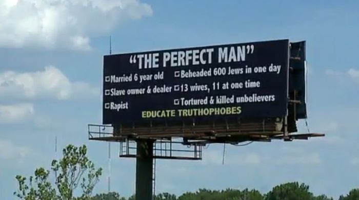 A billboard on the east side of Indianapolis in June 2017, mocking the Islamic prophet Muhammad.