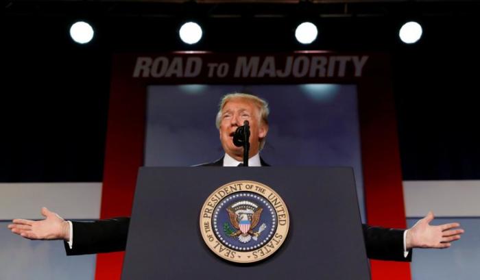 U.S. President Donald Trump addresses the Faith & Freedom Coalition's 'Road to Majority' conference in Washington, D.C. on June 8, 2017.