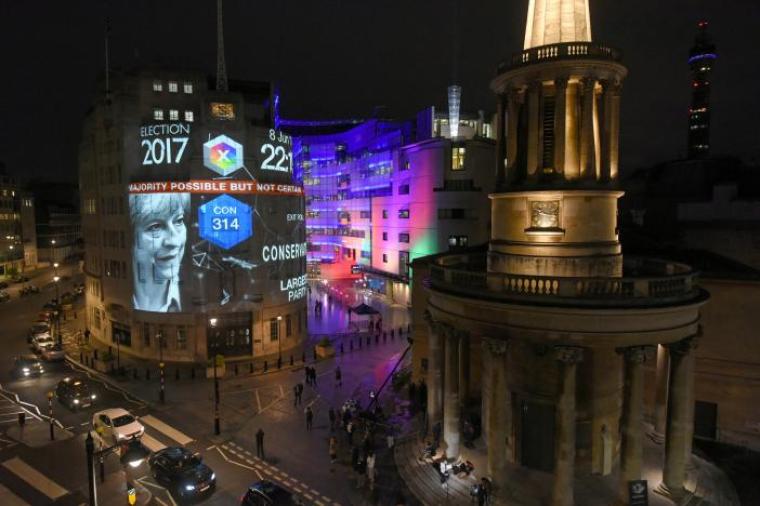 Exit poll results from Britain's general election are projected on to the BBC's Broadcasting House in central London, June 8, 2017.