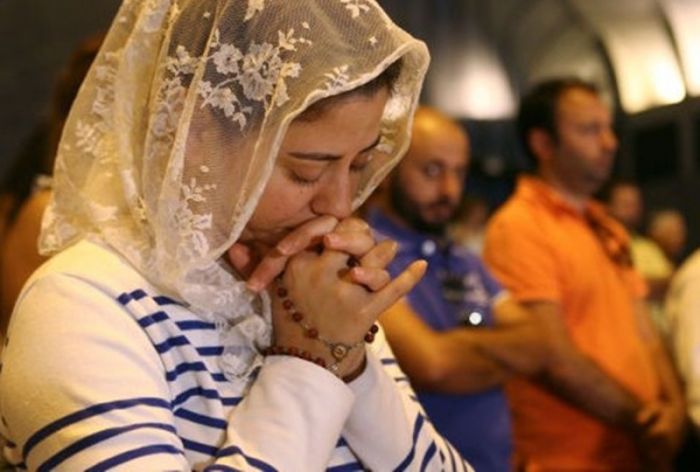 Lebanese and Syrian Christian Maronites pray for peace in Syria, in Harisa, Jounieh, Lebanon.