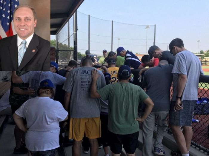 Republican House Majority Whip Steve Scalise, 51 (inset), was shot during a Congressional baseball practice in Alexandria, Virginia, on Wednesday June 14, 2017. The incident sparked a bipartisan prayer session.