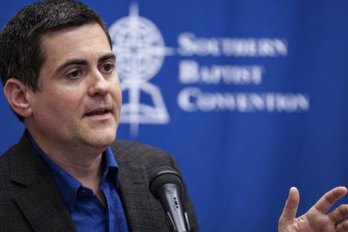Russell Moore, president of the Ethics & Religious Liberty Commission addresses reporters in Phoenix at the annual meeting of the Southern Baptist Convention in Phoenix on Tuesday, June 13, 2017.
