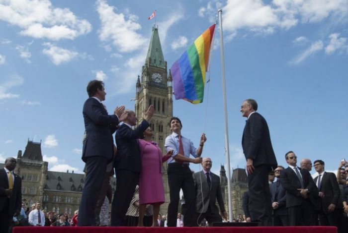 Canadian Prime Minister Justin Trudeau hoists the Pride flag at Parliament Hill, Ontario, Canada.