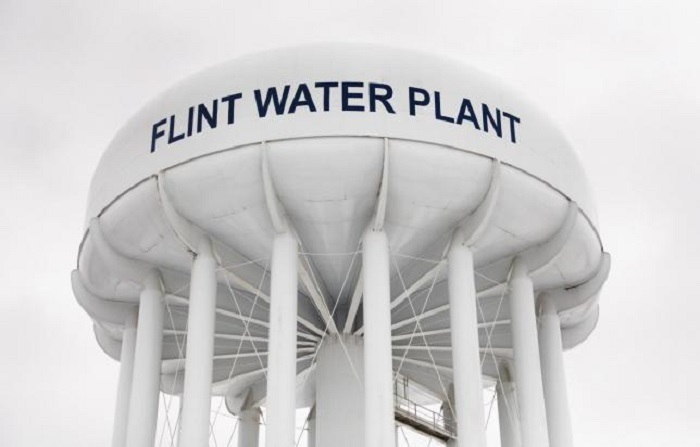 The top of a water tower is seen at the Flint Water Plant in Flint, Michigan in this file photo from January 13, 2016.