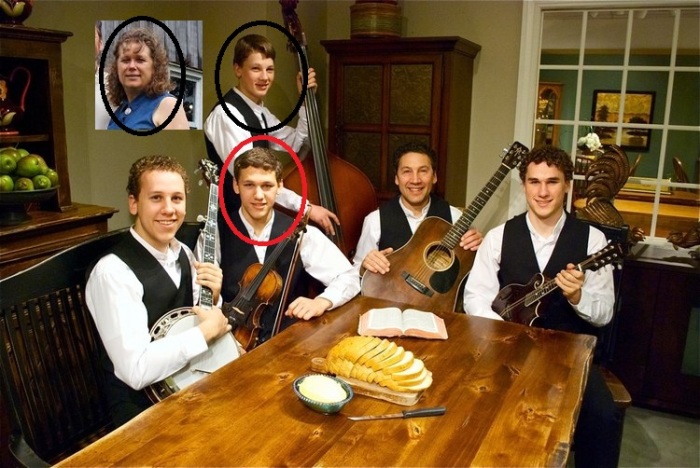 Authorities say Jacob Stockdale, 25 (red circle), of the Christian Stockdale Family Band, fatally shot his mother, Kathryn Stockdale (black circle) 54, and younger brother, James W. Stockdale, 21 (black circle next to his mother) then shot himself on Thursday, June 15, 2017. Also pictured from left are Calvin Stockdale, family patriarch, Tim Stockdale and Charles Stockdale.