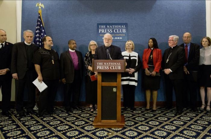 Rev. Jim Wallis speaks as Christian leaders from a gamut of denominations gathered in a unified denouncement of President Trump's budget during a press conference at the National Press Club in Washington, D.C. on June 21, 2017.