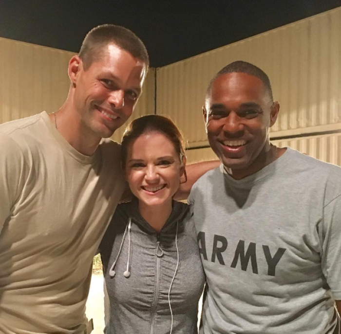 (L to R Justin Bruening, Sarah Drew, Jason Winston George) The actors wrap up production on the faith-based film 'Indivisible' in California, June 2017.