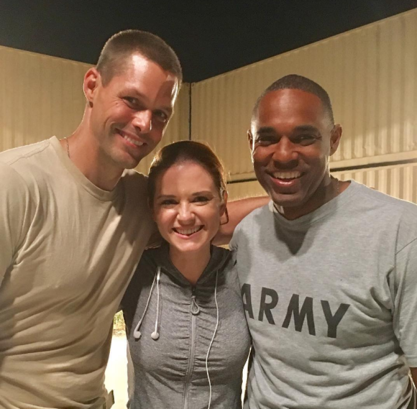 (L to R Justin Bruening, Sarah Drew, Jason Winston George) The actors wrap up production on the faith-based film "Indivisible" in California, June 2017.