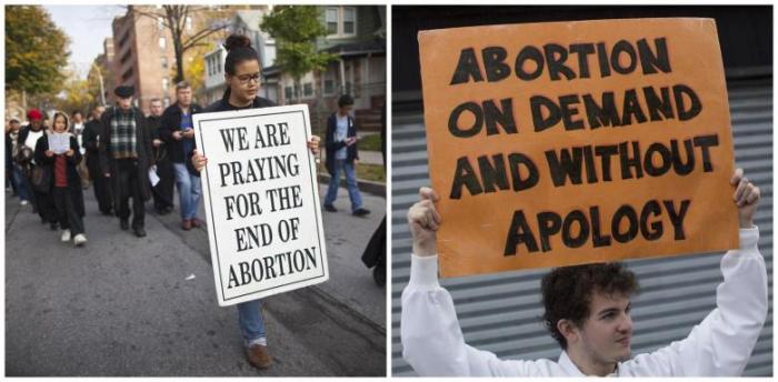 A combination photo shows an anti-abortion protest march (L) and a pro-abortion rights protester holds a sign as he confronts an anti-abortion demonstration in Queens, New York, on October 20, 2012.