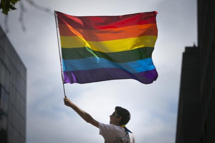 A man waves a rainbow flag while observing a gay pride parade in San Francisco, California June 28, 2015.