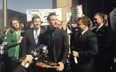 David Daleiden speaks at a news conference outside a court in Houston, Texas, on February 4, 2016.