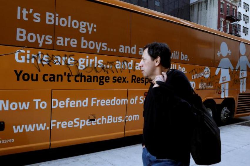 A man looks at the damage to the "Free Speech Bus," after it was attacked near the United Nations Headquarters in New York City, U.S., March 23, 2017.