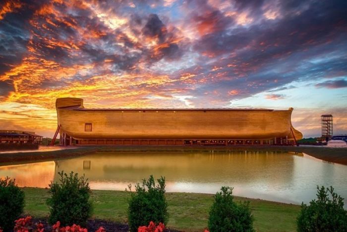 The Ark Encounter in Williamstown, Kentucky bathed in sunset colors.