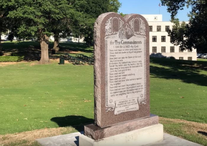 A Ten Commandments display erected on the capitol grounds of Little Rock, Arkansas, on Tuesday, June 27, 2017.