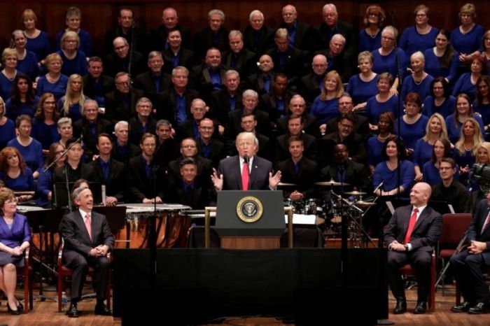 President Donald Trump speaks at the at the 'Celebrate Freedom' Concert at Washington's Kennedy Center hosted by Pastor Robert Jeffress' First Baptist Dallas Church that was attended by over 1,000 veterans in Washington, D.C. July 1, 2017.