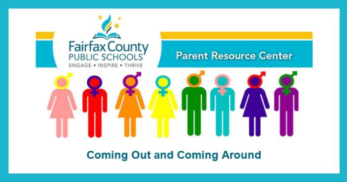 Fairfax County Public Schools 'Coming Out and Coming Around' event flier for a panel discussion scheduled for fall 2017.