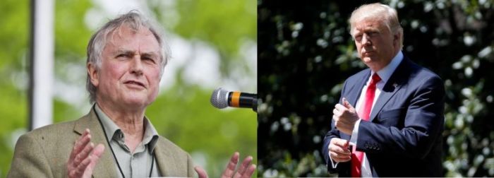 (L) Richard Dawkins says although Islam is the 'most evil' religion, not all Muslims are evil in this undated file photo. (R) U.S. President Donald Trump walks to Marine One as he departs for a day trip to Kenosha, Wisconsin, from the South Lawn of the White House in Washington, U.S., on April 18, 2017.