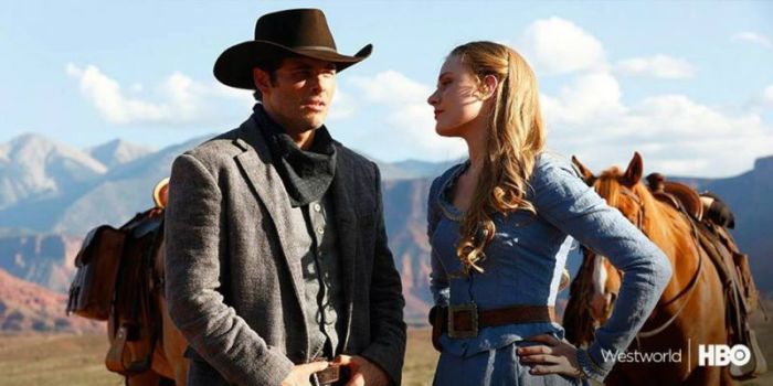 Promotional image for 'Westworld' featuring hosts Teddy (James Marsden) and Dolores (Evan Rachel Wood).