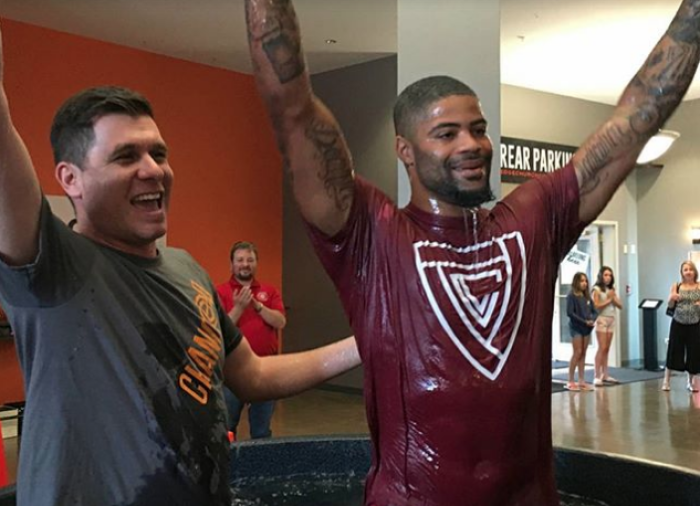 NFL player Cody Latimer after being baptized at Edge Church in Centennial, Colorado, July 1, 2017.