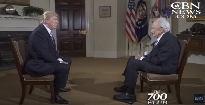 President Donald Trump and '700 Club' host Pat Robertson sit down for an interview aired by the 700 Club in July of 2017.
