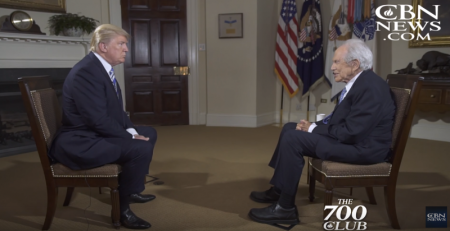 President Donald Trump and "700 Club" host Pat Robertson sit down for an interview aired by the 700 Club in July of 2017.