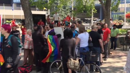Rally in front of Calgary City Hall in Canada turns violent, July 17, 2017.