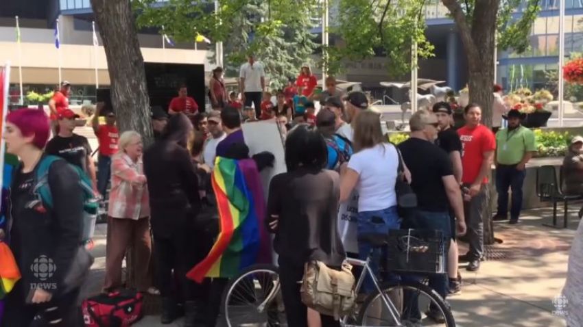 Rally in front of Calgary City Hall in Canada turns violent, July 17, 2017.