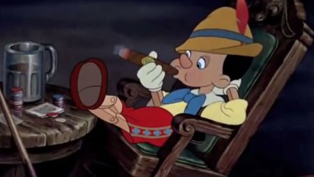 Pinocchio smokes a cigar in the 1940 Walt Disney classic "Pinocchio."