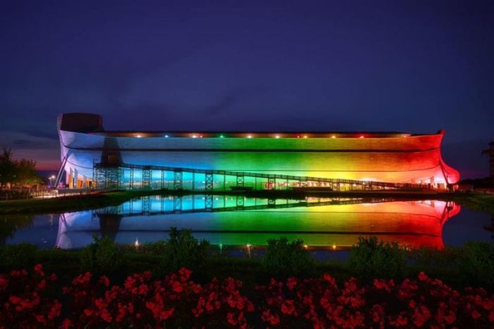 A life-sized Noah's Ark replica at The Ark Encounter biblical theme park in Williamstown, Kentucky, that opened in July 2016 will now be permanently lit at night with a rainbow Ken Ham, president of Answers in Genesis announced on Tuesday July 18, 2017.