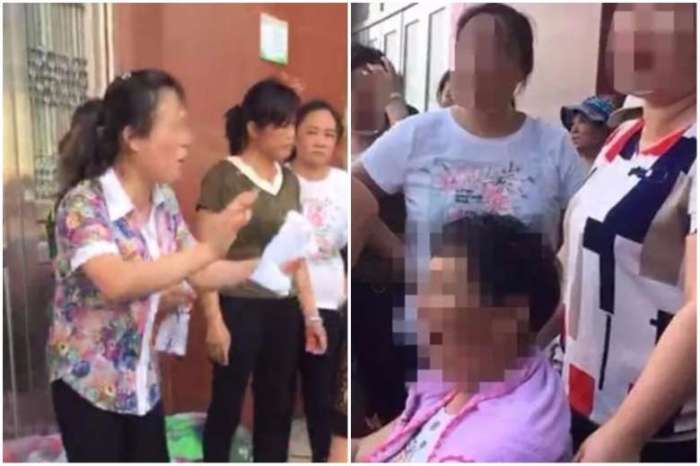 Relatives of Yueyue at her ex-husband's house seeking justice (L), while Yueyue's mother (R) was reportedly wheelchair-bound after suffering a stroke due to the news of her daughter's death.