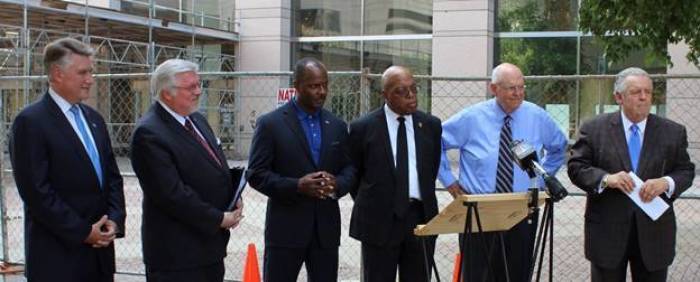 A press conference outside the Charlotte-Mecklenburg Government Center, (Left to Right) Dr. Mark Harris, Rev. Mark Creech, Rev. Leon Threatt, Civil Rights Leader Clarence Henderson, Robin Hayes, and Dr. Richard Land, Charlotte, N.C., July 19, 2017.