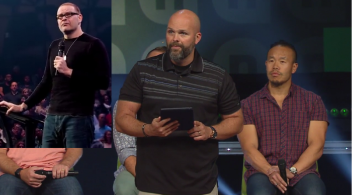 Teaching Pastor Clayton King (C) of NewSpring Church in South Carolina delivers a statement during a church leadership meeting on Friday July 21, 2017. At left (inset) is the church's founder, Perry Noble who was fired from his position in July 2016.