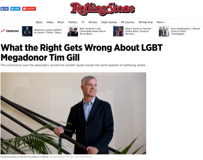 Screengrab of Rolling Stone header for 'What the Right Gets Wrong About LGBT Megadonor Tim Gill,' by Andy Kroll, July 21, 2017.