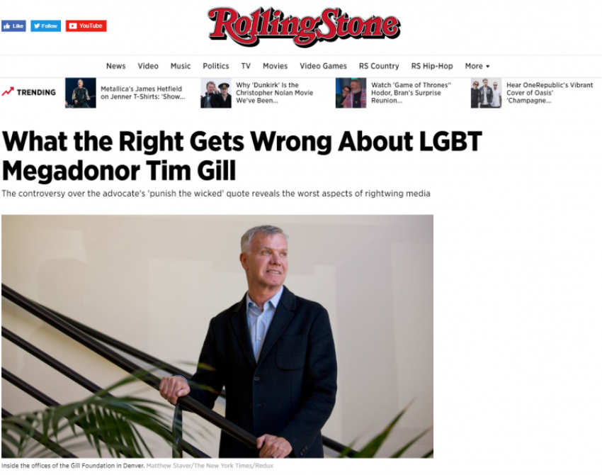Screengrab of Rolling Stone header for "What the Right Gets Wrong About LGBT Megadonor Tim Gill," by Andy Kroll, July 21, 2017.