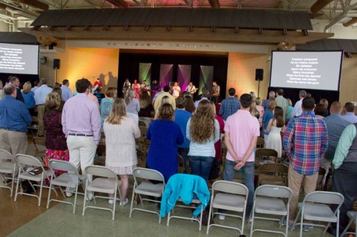 A recent worship service of the Huntsville, Alabama campus of Refuge Church, held at Providence Elementary School.