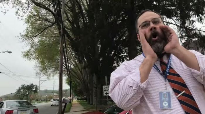 Former Downingtown STEM Academy administrator Zach Ruff shouts down Christian pro-life demonstrators on a public sidewalk outside the school on April 21, 2017, in Downingtown, Pennsylvania.