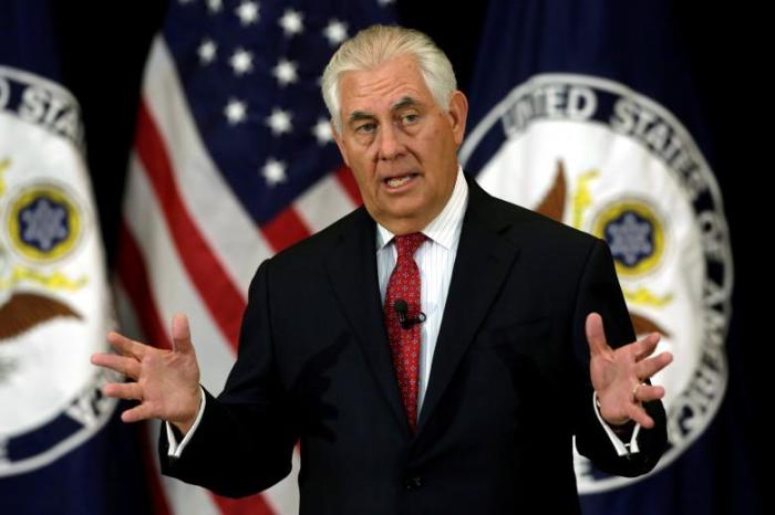 U.S. Secretary of State Rex Tillerson delivers remarks to the employees at the State Department in Washington, U.S., May 3, 2017.